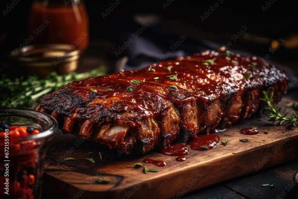 Glazed BBQ Ribs with Spicy Sauce Drip, generative ai, ai, generative Glazed BBQ Ribs with Spicy Sauce Drip, generative ai, ai, generative