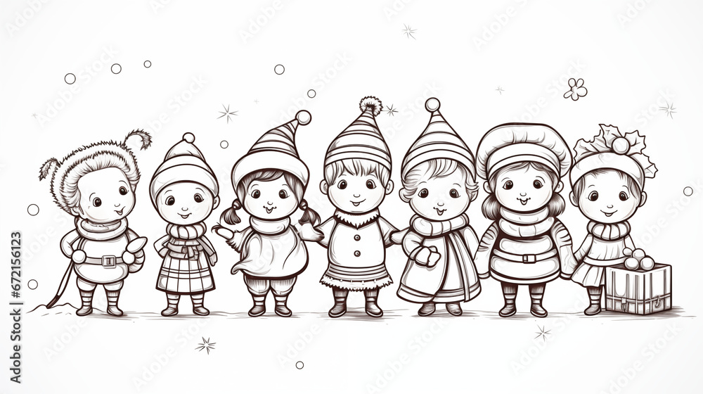 Fototapeta premium Christmas Characters Coloring Book Illustrations by a Child: Wavy Winter Figures Unveiled