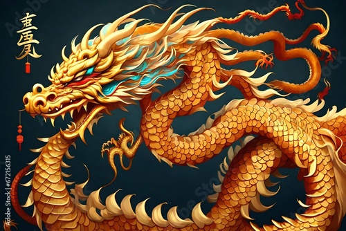 Chinese dragon  Zodiac. Chinese new year 2024 Asian Celebration  illustration fantasy anime manga Chinese Golden dragon