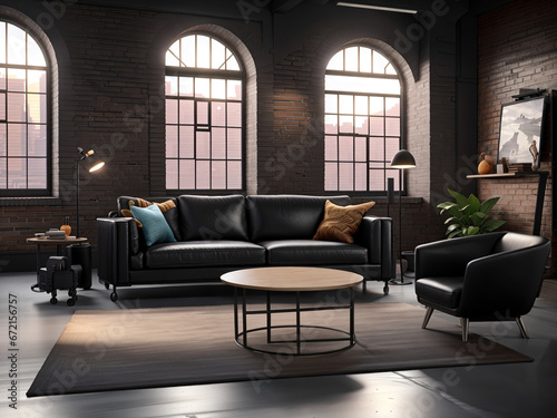 Industrial Style Living Room with Black Leather Sofa Set  © Ariel