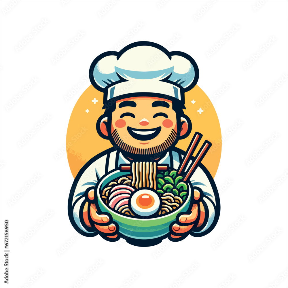 cartoon icon illustration of a happy male chef holding a bowl of ramen noodles