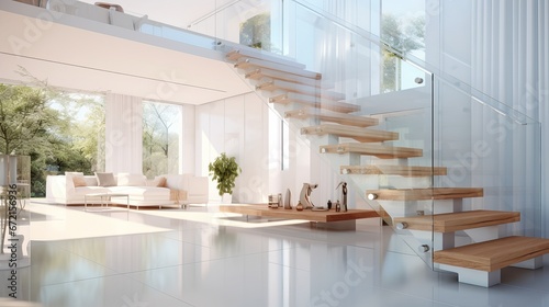 glass stairs and fence in a white interior © Suleyman