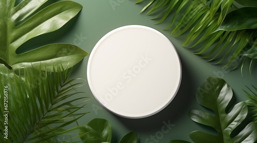Fresh leaves and a verdant eco forest provide a flat lay background for this white round template podium mockup for an organic cosmetic product presentation.