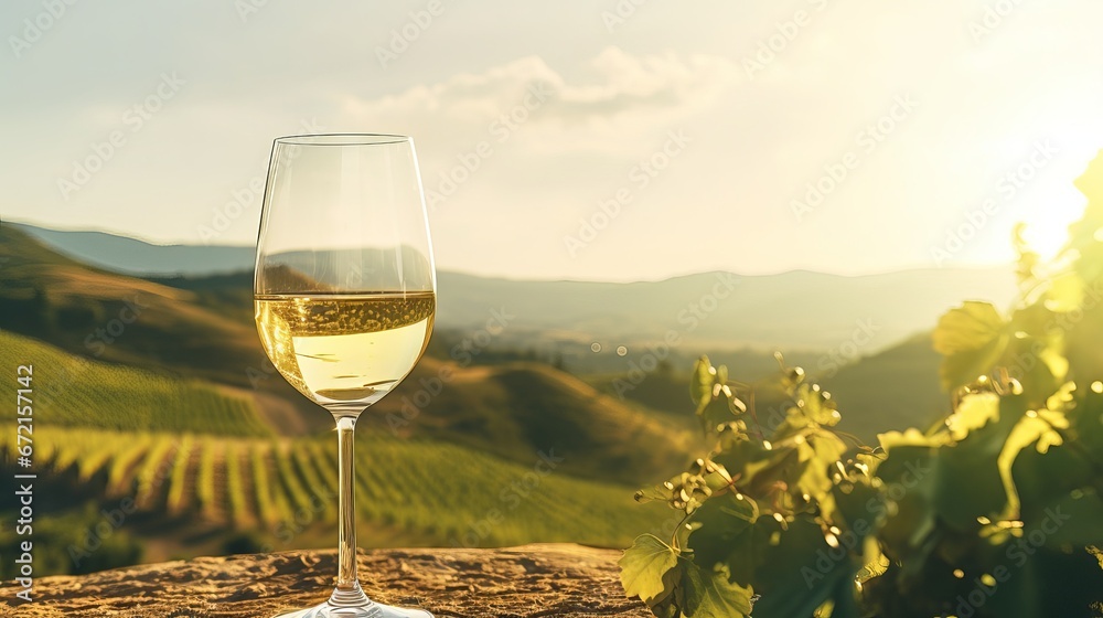 A sunny day with a vineyard scenery and a wine glass filled with white wine. Concept of winemaking, copy area