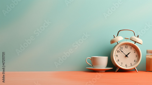 Vintage alarm clock and cup of hot coffee