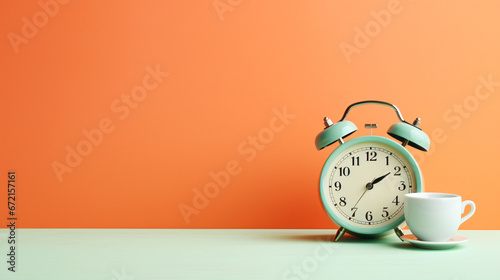 Vintage alarm clock and cup of hot coffee