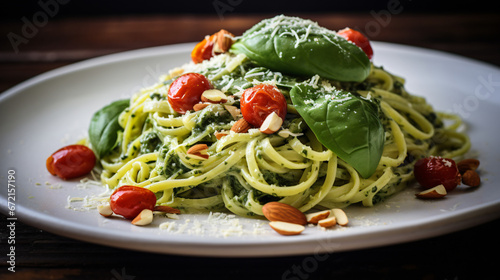 Spinach pasta with cooked cherry tomatoes.
