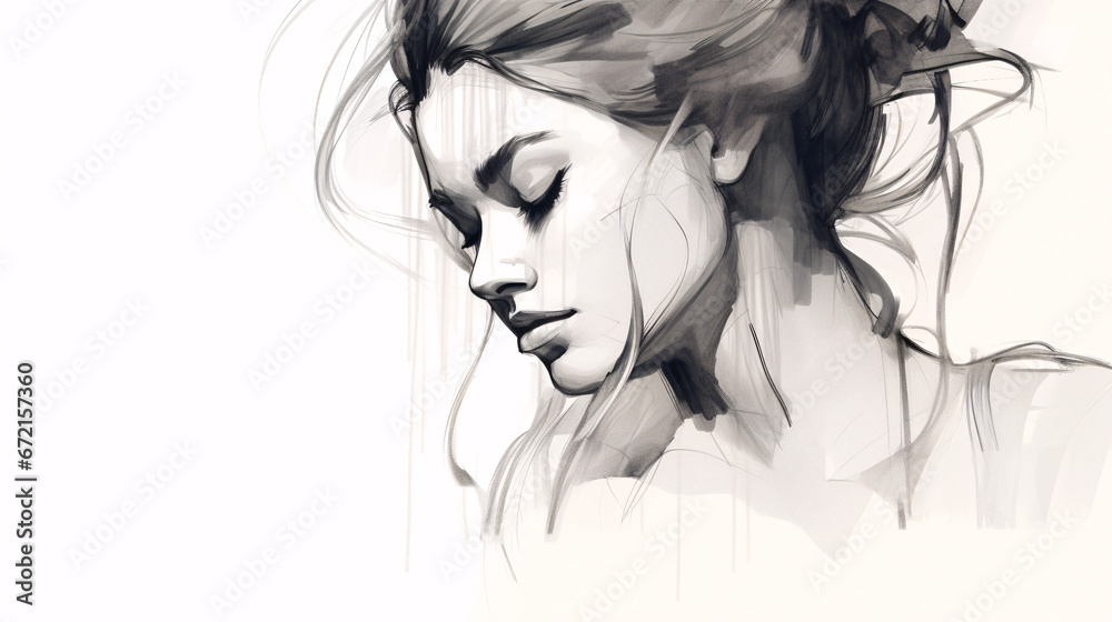 Black Pencil Sketch of Sad Girl on White Background, Perfect for Editorial Illustrations and Website Design. Black Pencil Sketch of Sad Girl on White Background, Perfect for Editorial Illustrations and Website Design.