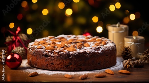 Delicious and festive fruit cake with candied cherries, nuts, and powdered sugar on a wooden table