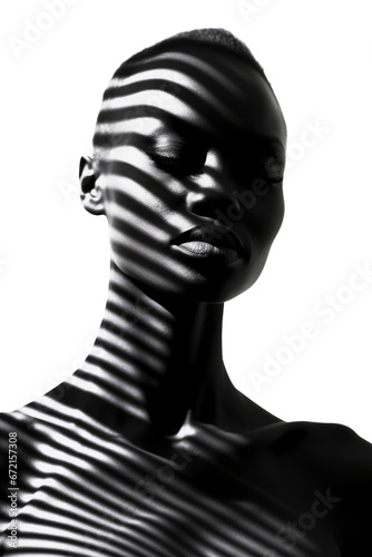 Black and white portrait of an African-American woman, with a shadow pattern of parallel lines.