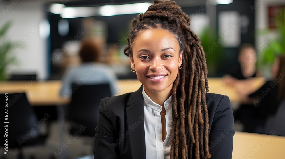 Fototapeta premium During a meeting in a company office, a woman with dreadlocks smiles at the camera.