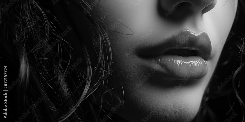 Sexy Lippen einer Frau in schwarz weiß Nahaufnahme im Querformat, ai generativ Sexy Lippen einer Frau in schwarz weiß Nahaufnahme im Querformat, ai generativ