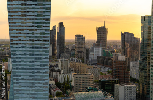Panoramic view of modern skyscrapers and business centers in Warsaw. View of the city center from above. Warsaw  Poland.