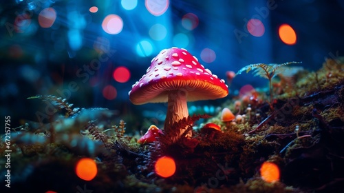 Gorgeous disco-colored wild toadstools in a mystical setting on the forest floor