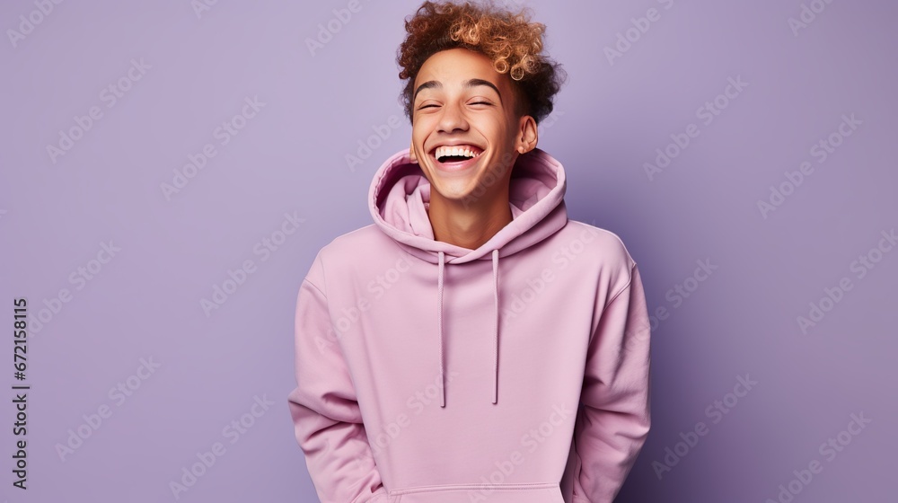 Isolated on a light purple background, a happy, funky African American teen boy wearing a pink hoodie is having fun. Isolated on a light purple background, a happy, funky African American teen boy wearing a pink hoodie is having fun.
