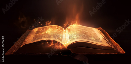 Burning with fire and smoke Holy Bible Gold Ancient Book banner, illuminated message Ai.
