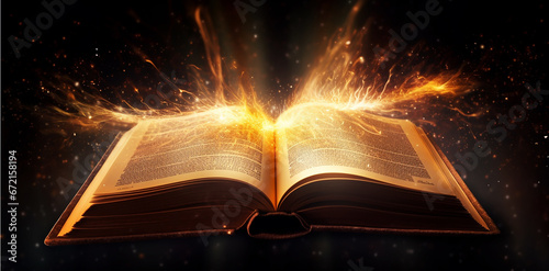 Burning with fire and smoke Holy Bible Gold Ancient Book banner, illuminated message Ai.