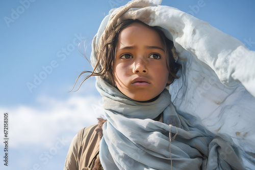 Outdoor portrait of a worried boy in white scarf against a background of blue sky. Concept of children in war, conflict, refugees, migrants, immigration crisis and lost childhood. photo