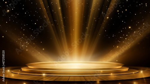 Golden stage background with glitters and spotlights for glamorous events and celebrations