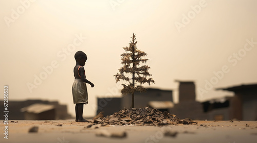 Little African kid watching to a poor Christmas tree in the African street. Illustrative image