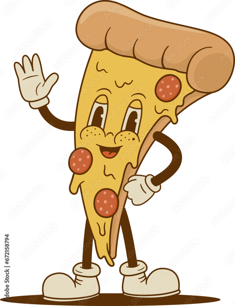 Cartoon pizza slice character in retro groove style. Pizzeria mascot ...