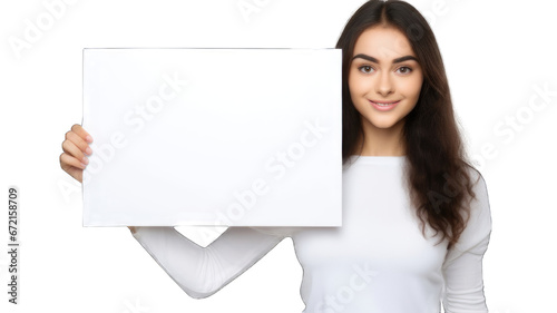 Woman holding a blank placard sign poster paper isolated on white background.