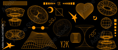 Apricot crush Set 3d abstract Geometric y2k elements, heart with wireframe shapes. Geometry Shapes retro design. Vector illustration for social networks, web pages, website, banners and posters.