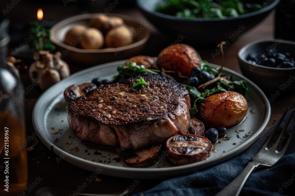 Grilled Ribeye Steak with Gourmet Sides, generative ai, ai, generative Grilled Ribeye Steak with Gourmet Sides, generative ai, ai, generative