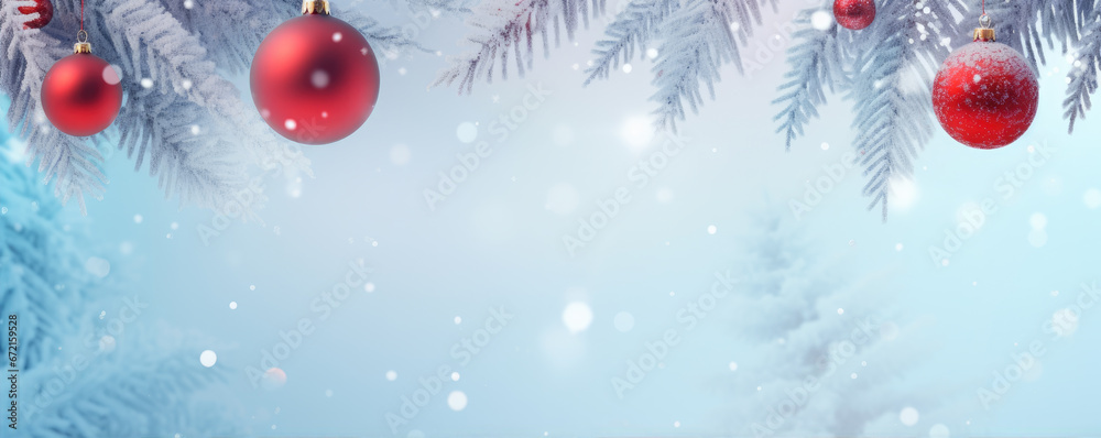 Beautiful bright christmas decoration with red christmass tree balls, amazing snow forrest background