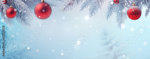 Beautiful bright christmas decoration with red christmass tree balls, amazing snow forrest background