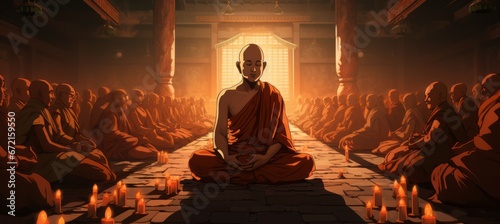 Old buddhist monk meditation at temple. Drawing illustration design. Generative AI technology.