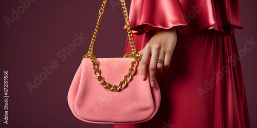 Balenciaga Shoulder bags for Women in pink color with mini golden chain and holding a women in hand women in red clothed and pinkish red background Ai Generative