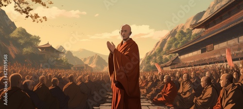 Buddhist monk preach. Drawing illustration design. Generative AI technology. photo