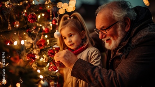 Senior man and young girl adorning holiday tree with ornaments, family Christmas traditions, home festive Decor, winter season celebration