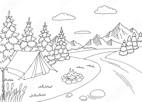 Camping graphic black white river mountain landscape sketch illustration vector 