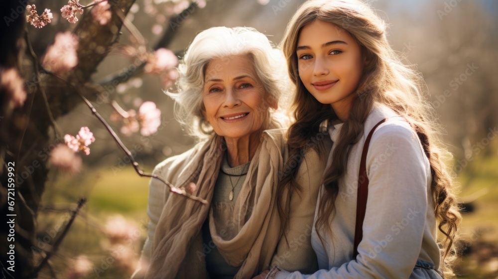 Grandmother and granddaughter walk in a park in nature in autumn on a sunny day, connection between generations, spending time with family Grandmother and granddaughter walk in a park in nature in autumn on a sunny day, connection between generations, spending time with family