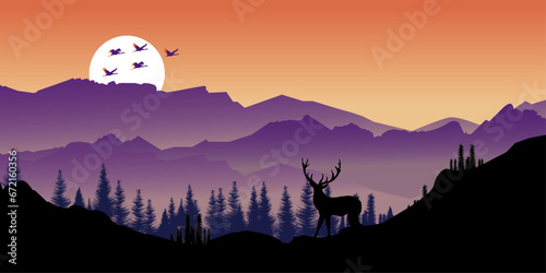 Sunrise landscape with misty forest  distant mountains and sunrise. cranes are flying. there is a deer. Vector illustration of a landscape in pink lilac tones