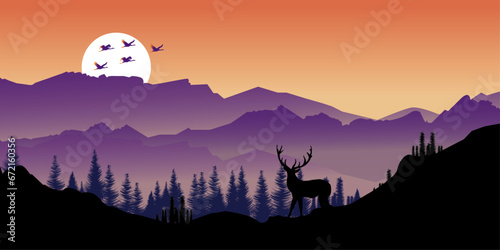 Sunrise landscape with misty forest, distant mountains and sunrise. cranes are flying. there is a deer. Vector illustration of a landscape in pink lilac tones