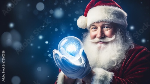 Cheerful Santa Claus spreading joy with glowing Christmas ball on a defocused blue background – festive holiday season image with copy space © Ameer