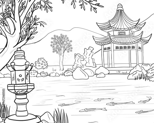 Line drawing of a Japanese house on the bank of a river in the mountains