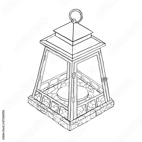 Line drawing of an antique antique chandelier in isometry