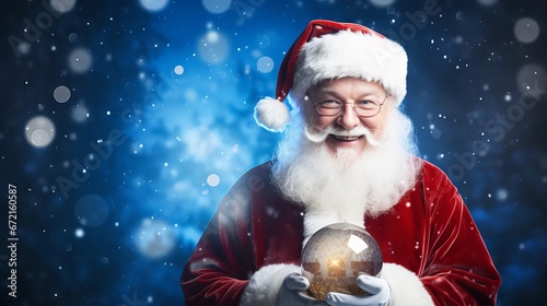 Cheerful Santa Claus spreading joy with glowing Christmas ball on a defocused blue background – festive holiday season image with copy space © Ameer