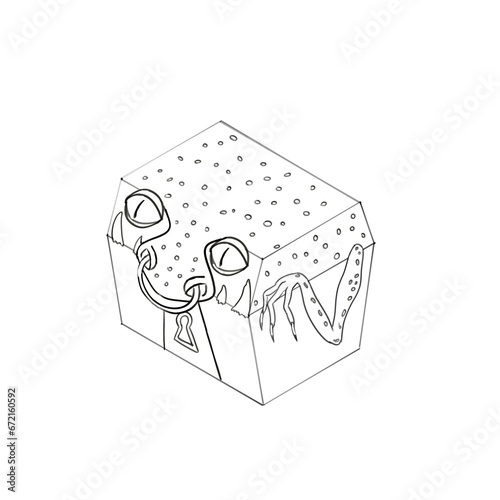 Line drawing of a monster chest with fangs