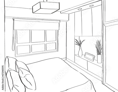 linear drawing of a room in perspective with a bed and a wardrobe