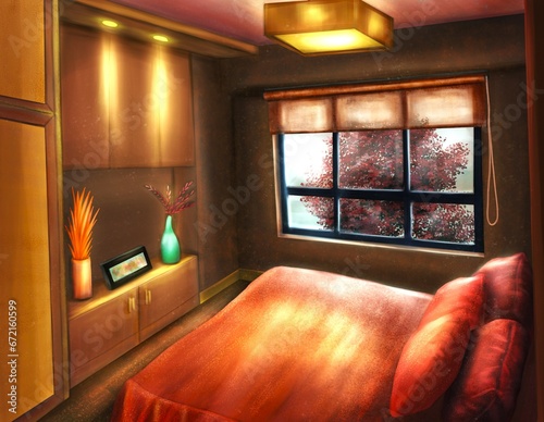 linear drawing of a room in perspective with a bed and a wardrobe and glowing lamps, a tree outside the window