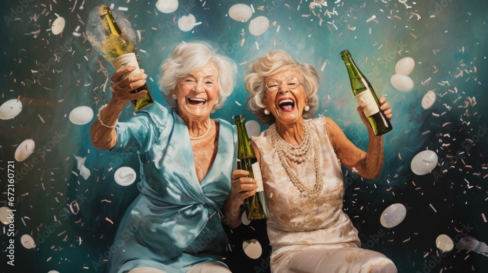 Party of cheerful elderly women pensioners celebrating and having fun on their birthday, champagne or wine in glasses, cheers fireworks and flowers - obrazy, fototapety, plakaty 