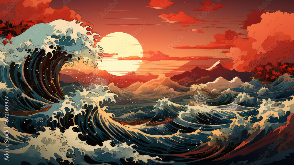 Generative ai illustration of Japanese ocean wave graphic - obrazy, fototapety, plakaty 