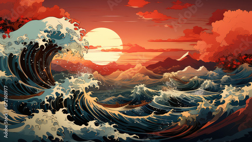 Generative ai illustration of Japanese ocean wave graphic photo