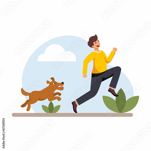 Man is afraid of angry dog. Dangerous animal attacked man. Vector illustration in cartoon style. Dog runs after guy. photo