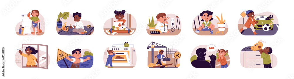 Kids danger set. Hazard accidents indoor, outdoor. Baby play with fire, electricity, pills, chemicals, scissors. Child talks with stranger. Children safety. Flat isolated vector illustration on white Kids danger set. Hazard accidents indoor, outdoor. Baby play with fire, electricity, pills, chemicals, scissors. Child talks with stranger. Children safety. Flat isolated vector illustration on white